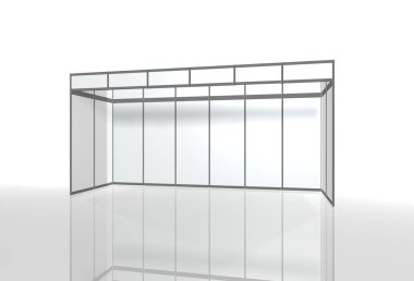 Diseño en 3D de una estructura de mampara divisoria con perfiles de aluminio y paneles de vidrio, sobre fondo blanco reflectante.